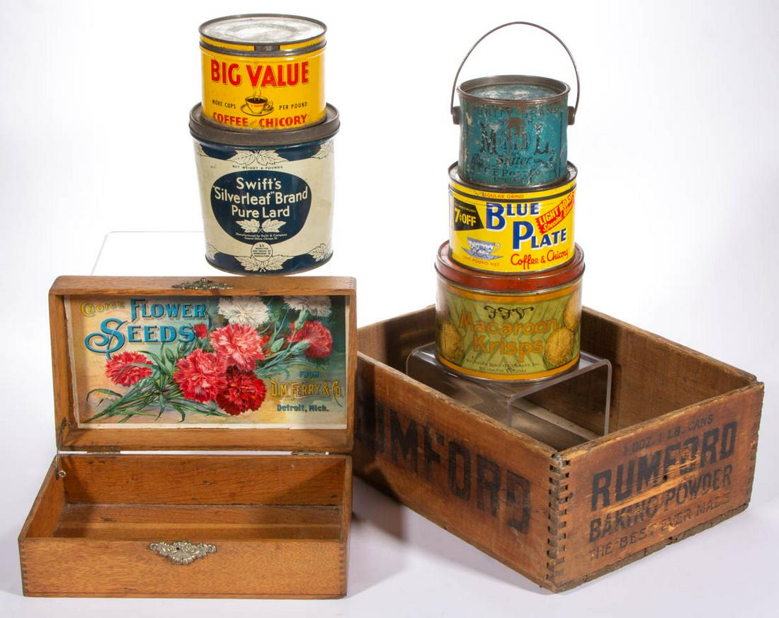 ASSORTED COUNTRY STORE ADVERTISING ARTICLES, LOT OF: ASSORTED COUNTRY STORE ADVERTISING ARTICLES, LOT OF SEVEN, including D.M. Ferry & Co. seed box, Purity Brand Butter tin, and Rumford Baking Powder crate. Late 19th/first half 20th century. Rumford 5 1