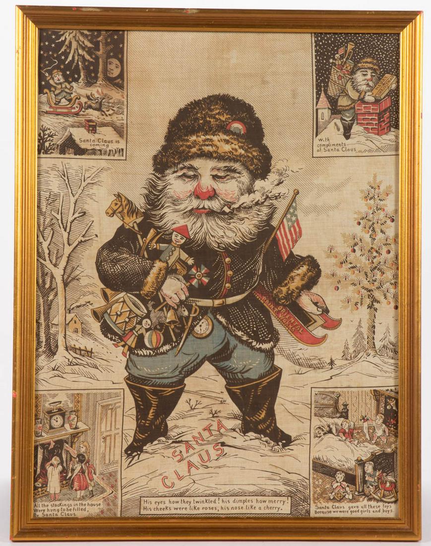 ANTIQUE SANTA CLAUS TEXTILE BANNER: ANTIQUE SANTA CLAUS TEXTILE BANNER, printed on cloth, designed by Edward Peck, patriotic depiction of Santa Claus, after Thomas Nast (German-American, 1840-1902), featuring a large caricature Santa fi