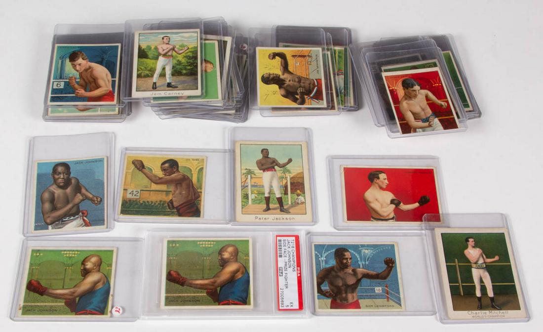 ANTIQUE BOXING CARDS, LOT OF 51: ANTIQUE BOXING CARDS, LOT OF 51, (updated 2/17/21) including a graded and slabbed 1910 T218 Mecca / Hassan Champion Athletes Jack Johnson (Side Face) PSA 5. Most appear good to very good condition, se