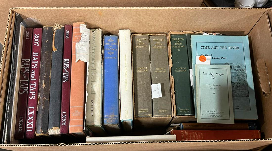 ASSORTED VIRGINIANA VOLUMES / PUBLICATIONS, LOT OF 23: ASSORTED VIRGINIANA VOLUMES / PUBLICATIONS, LOT OF 23, including Beveridge, "Life of John Marshall", 1916-1919, four-volume set in slip cases; Jenkins, "Time and the River: The Story of Richmond's Dri