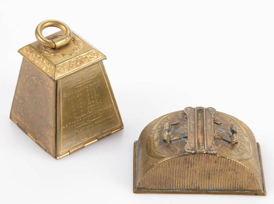 ASSORTED MANUFACTURERS BRASS FIGURAL NEEDLE CASES, LOT: ASSORTED MANUFACTURERS BRASS FIGURAL NEEDLE CASES, LOT OF TWO, comprising a W. Avery & Sons "Letter Post", four hinged side walls including two fitted with holding sleeve, center featuring a velvet-co