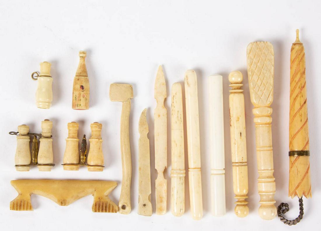ASSORTED BONE AND OTHER SEWING / NEEDLEWORKING AND: ASSORTED BONE AND OTHER SEWING / NEEDLEWORKING AND OTHER ARTICLES, LOT OF14, including six needle cases with three having ornamental carvings, two pair of knitting guards, and an axe. Late 19th/20th c