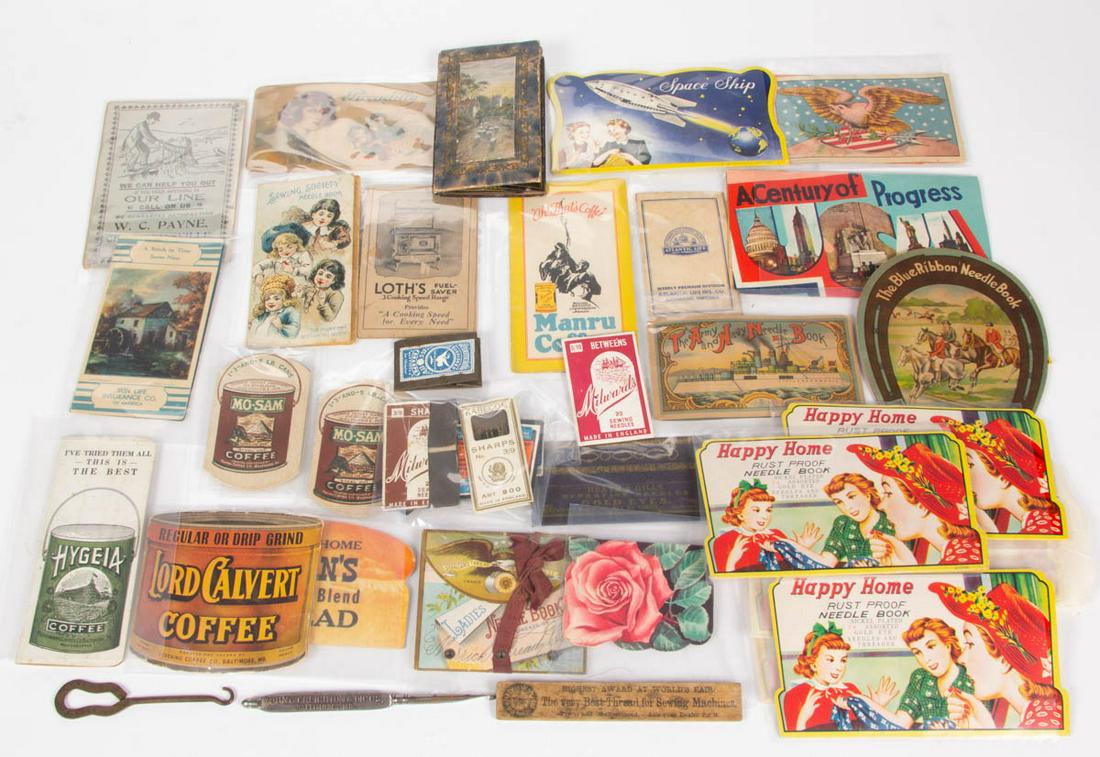 ASSORTED ADVERTISING AND OTHER SEWING / NEEDLEWORK: ASSORTED ADVERTISING AND OTHER SEWING / NEEDLEWORK ARTICLES, UNCOUNTED LOT, more than 20 pieces, primarily needle cases and booklets, advertising includes Hygeia Coffee, Lord Calvert Coffee, Mo-Sam Co