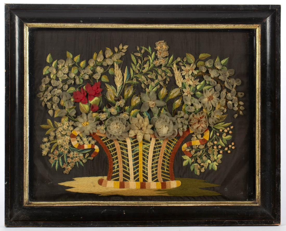 AMERICAN / BRITISH FLOWER BASKET NEEDLEWORK PICTURE (1 of 3)