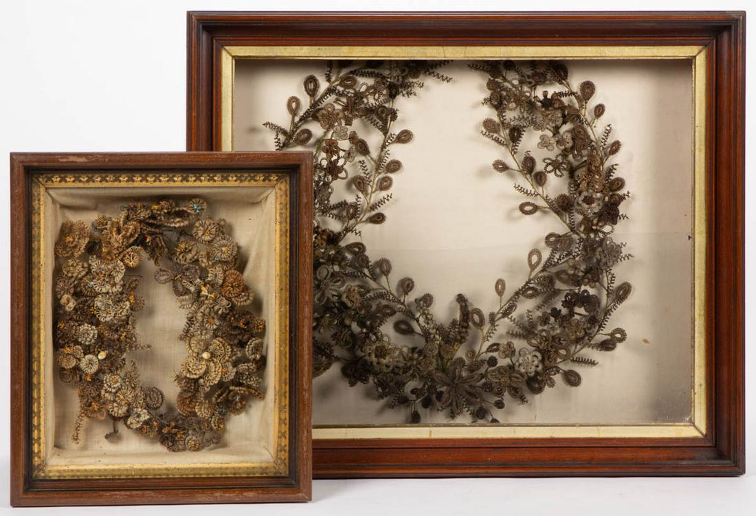 VICTORIAN WOVEN HAIR MOURNING WREATHS, LOT OF TWO (1 of 3)