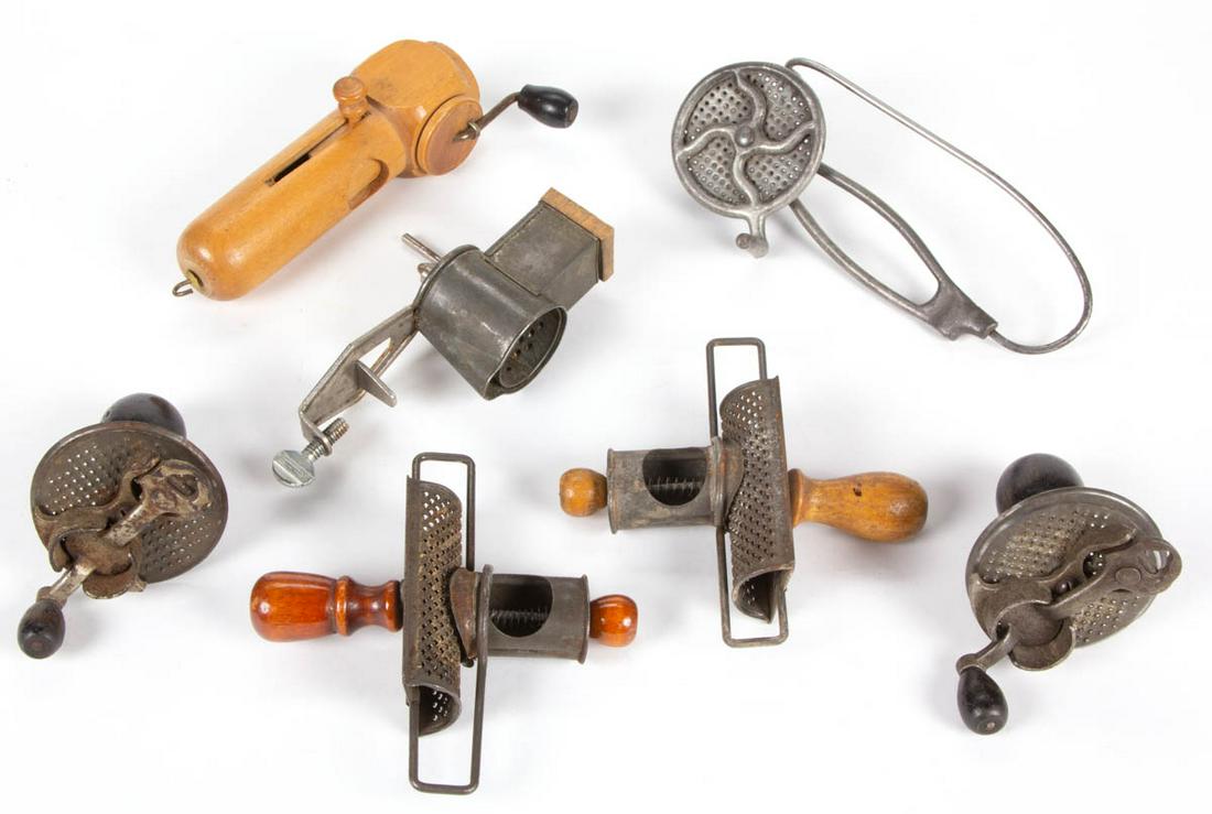 ASSORTED MATERIALS NUTMEG / SPICE GRATERS AND RELATED: ASSORTED MATERIALS NUTMEG / SPICE GRATERS AND RELATED ARTICLES, LOT OF SEVEN, comprising two Edgar examples with sliding function and impressed patent dates, two Caldwell Manufacturing Gem examples wi