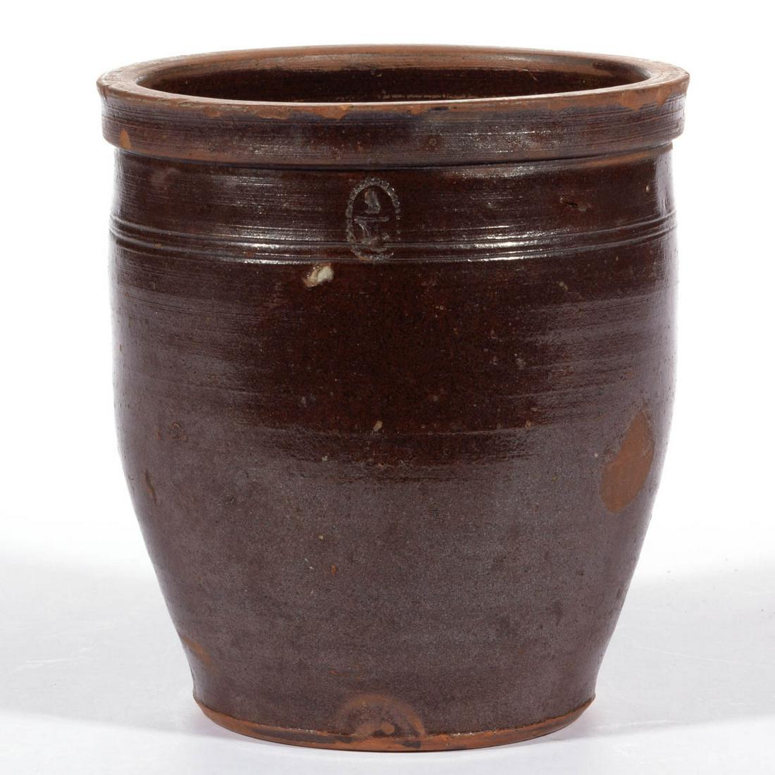 EMANUEL SUTER, ROCKINGHAM CO., SHENANDOAH VALLEY OF: EMANUEL SUTER, ROCKINGHAM CO., SHENANDOAH VALLEY OF VIRGINIA EARTHENWARE / REDWARE CROCK, lead-glazed, "1/4" gallon capacity mark, graceful wide-mouth form with two incised shoulder rings and broad sq