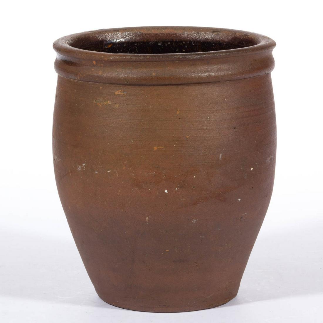 MID-ATLANTIC INSCRIBED EARTHENWARE / REDWARE CROCK: MID-ATLANTIC INSCRIBED EARTHENWARE / REDWARE CROCK, lead-glazed interior, approximately half-gallon capacity, wide-mouth form with collared rim. Incised "John / Br[?]" to underside. Second half 19th c