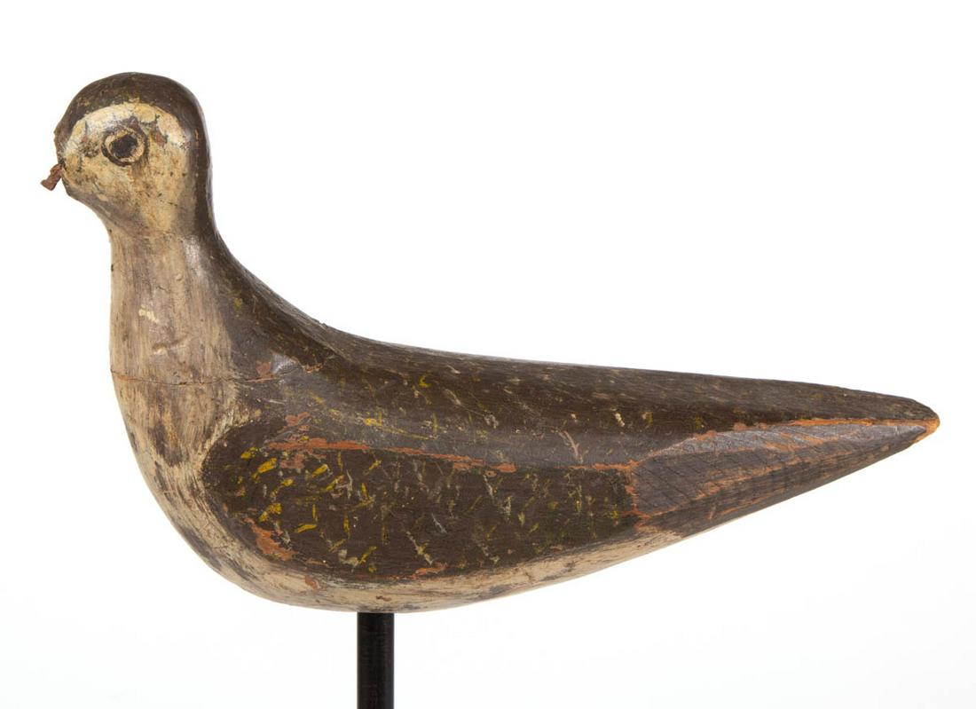 AMERICAN FOLK ART CARVED AND PAINTED SHORE BIRD DECOY: AMERICAN FOLK ART CARVED AND PAINTED SHORE BIRD DECOY, retaining likely original surface, incised "FM" to underside. Late 19th/first quarter 20th century. 8 1/2" LOA.Good overall condition with scatte