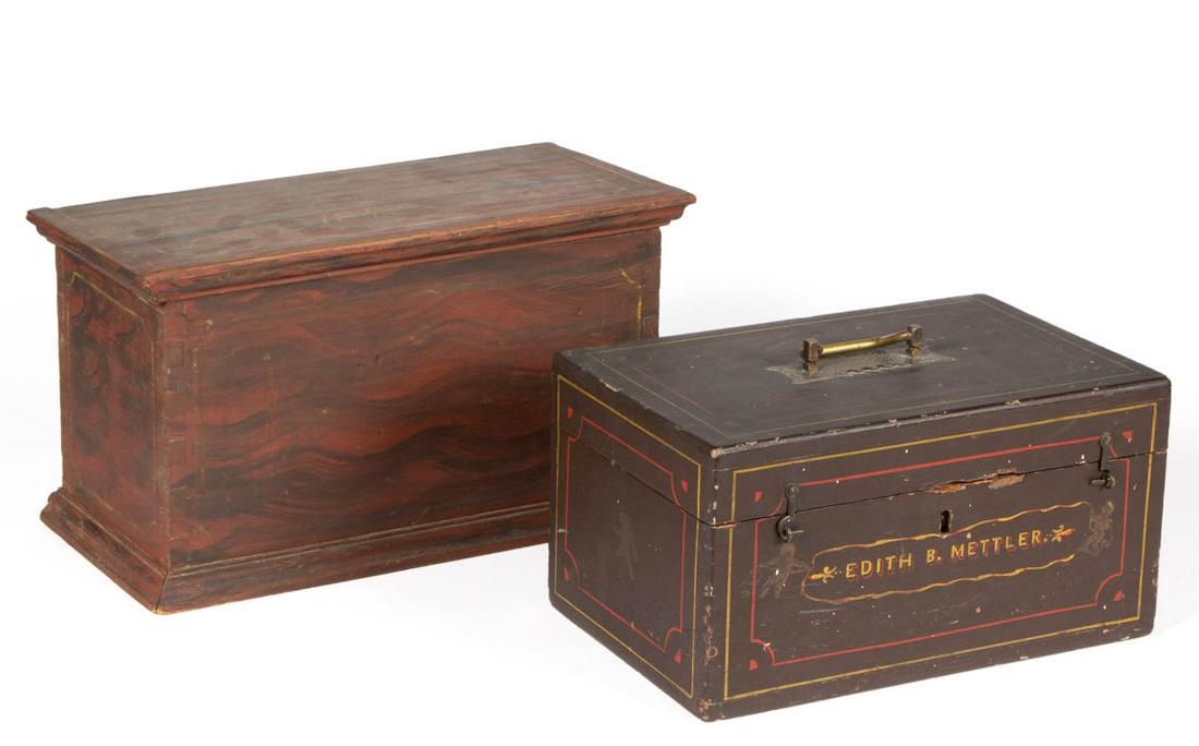 AMERICAN PAINT-DECORATED PINE MINIATURE BLANKET CHESTS: AMERICAN PAINT-DECORATED PINE MINIATURE BLANKET CHESTS / BOXES, LOT OF TWO, comprising a dovetailed example with applied moldings and later grain-painted surface; and an example with brass handle to t