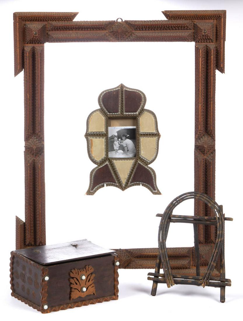 ASSORTED FOLK / TRAMP ART ARTICLES, LOT OF THREE: ASSORTED FOLK / TRAMP ART ARTICLES, LOT OF THREE, each with chip-carved decoration, comprising two frames and a box. Together with a rustic twig-style desk frame with painted decoration. Four pieces t