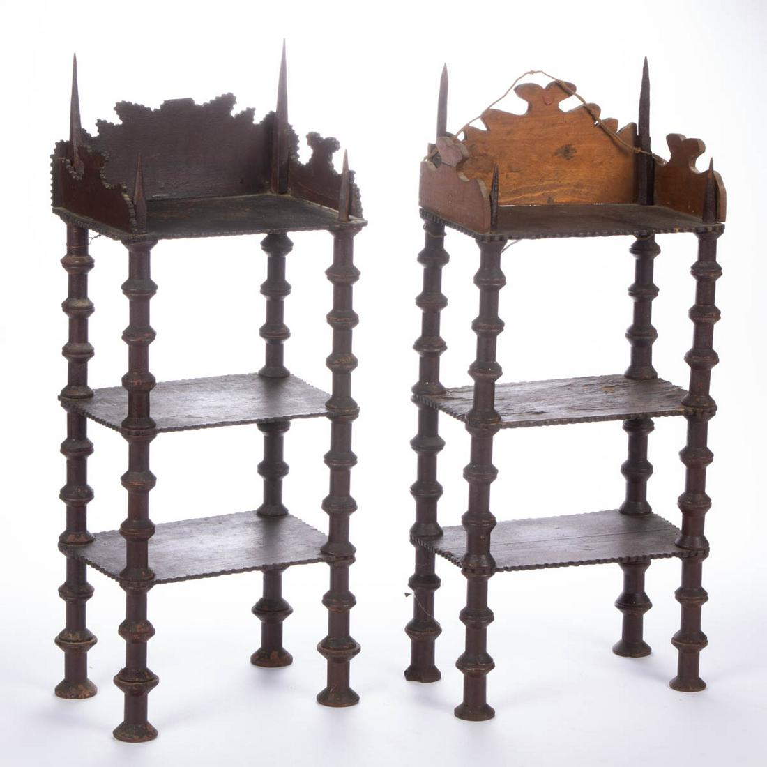 AMERICAN FOLK / TRAMP ART PAIR OF SPOOL SHELVES: AMERICAN FOLK / TRAMP ART PAIR OF SPOOL SHELVES, featuring shelves made from cigar box lids. Retains likely original brown-painted surface. First quarter 20th century. 19 1/4" and 20" H. Very good ove