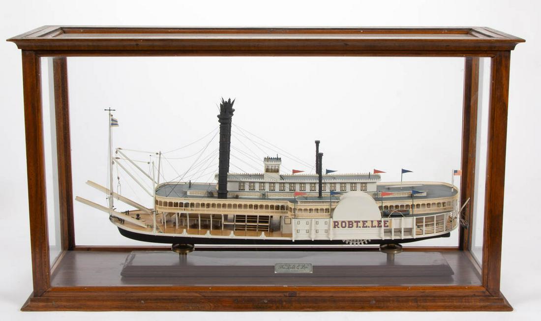 ROBERT E. LEE STEAMBOAT PAINTED SHIP MODEL: ROBERT E. LEE STEAMBOAT PAINTED SHIP MODEL, situated in a custom wooden case, with plaque "The Robt. E Lee" / Scientific Models / Berkeley Heights, N.J.", with illegible signature on back and dated "3