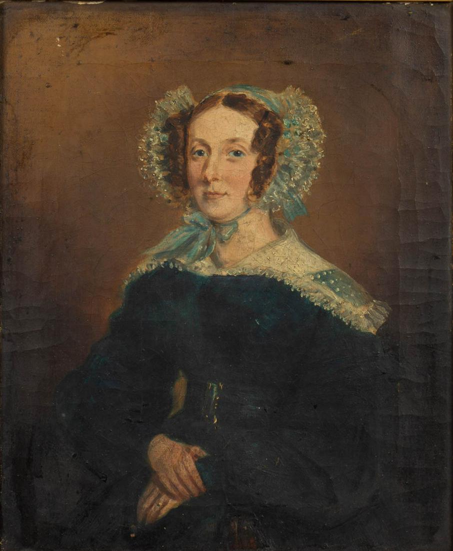 BRITISH SCHOOL (19TH CENTURY) FOLK ART PORTRAIT OF A: BRITISH SCHOOL (19TH CENTURY) FOLK ART PORTRAIT OF A WOMAN, oil on canvas, three-quarter length depiction of seated figure wearing elaborate bonnet and black gown, no signature located. Housed in a pe