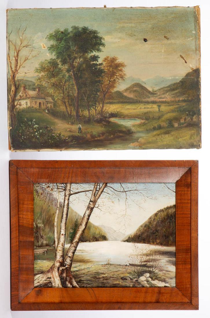 AMERICAN SCHOOL (LATE 19TH / FIRST QUARTER 20TH C.): AMERICAN SCHOOL (LATE 19TH / FIRST QUARTER 20TH C.) FOLK ART LANDSCAPE PAINTINGS, LOT OF TWO, oil on canvas, comprising a lake view example with birch tree in the foreground and mountains in the backg