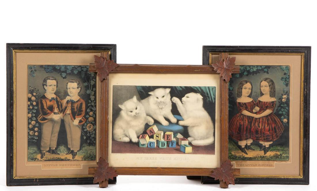 CURRIER & IVES CAT AND CHILDREN PRINTS, LOT OF THREE: CURRIER & IVES CAT AND CHILDREN PRINTS, LOT OF THREE, hand-colored lithograph on paper (each), comprising "My Three White Kitties. / Learning Their ABC", "The Little Sisters", and "Little Brothers", e