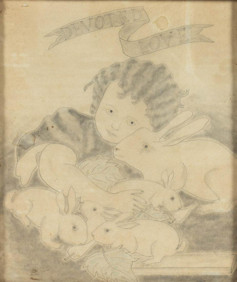SHENANDOAH VALLEY OF VIRGINIA FOLK ART DRAWING: SHENANDOAH VALLEY OF VIRGINIA FOLK ART DRAWING, pencil on paper, probably done after a period print, depicting a child with rabbits eating carrots, titled "DEVOTED LOVE". Housed in a barn wood frame.