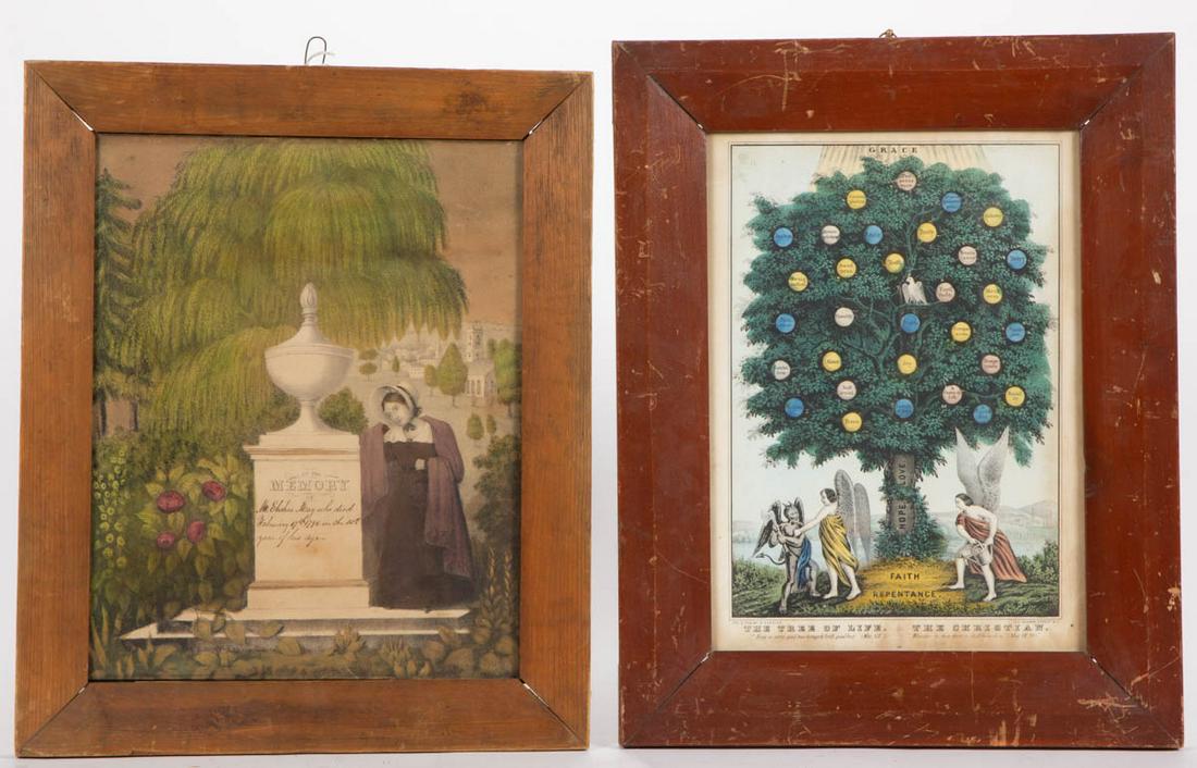 CURRIER & IVES RELIGIOUS AND MOURNING PRINTS, LOT OF: CURRIER & IVES RELIGIOUS AND MOURNING PRINTS, LOT OF TWO, hand-colored lithograph on paper, comprising "The Tree of Life. / The Christian" example published by N. Currier, and a memorial example with 
