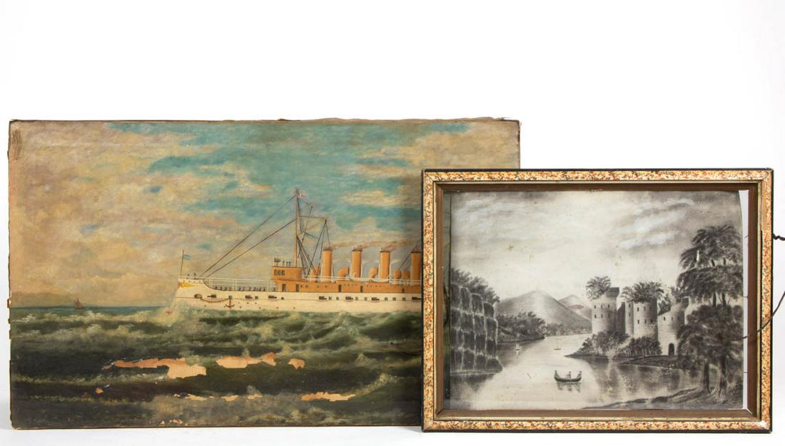 AMERICAN SCHOOL (LATE 19TH/FIRST QUARTER 20TH CENTURY): AMERICAN SCHOOL (LATE 19TH/FIRST QUARTER 20TH CENTURY) FOLK ART NAUTICAL PAINTING, oil on canvas, depicting a four-stack vessel in profile, possibly a destroyer, flying an American flag. Unframed. Tog