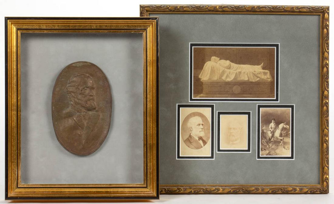 GENERAL ROBERT E. LEE ARTICLES, LOT OF TWO FRAMES: GENERAL ROBERT E. LEE ARTICLES, LOT OF TWO FRAMES, comprising an oval bronze plaque inscribed "1912 by Jno Williams Inc, New York" and "Allen G Newman SC â€™12" along lower edge; and four albumen