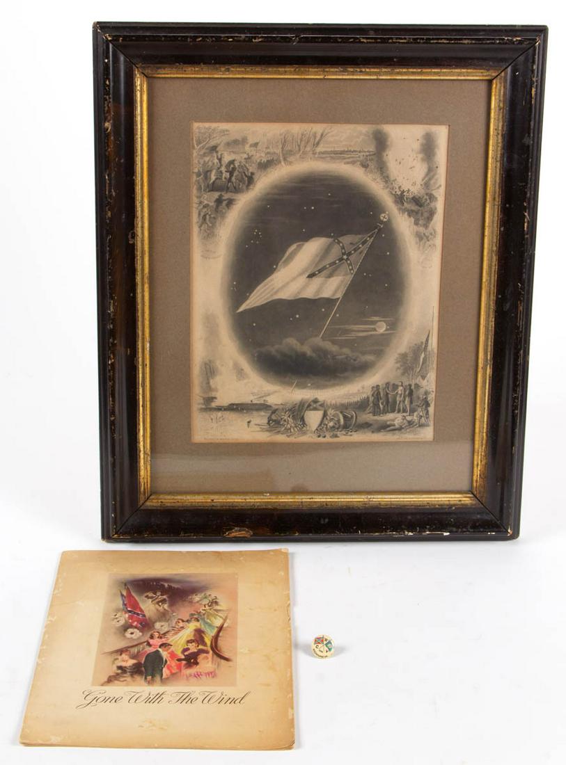 AMERICAN CIVIL WAR RELATED ARTICLES, LOT OF THREE: AMERICAN CIVIL WAR RELATED ARTICLES, LOT OF THREE, comprising National Photograph Co. engraving, "The Warrior's Banner Takes It's Flight To Great The Warrior's Soul"; "Gone with The Wind" movie souven