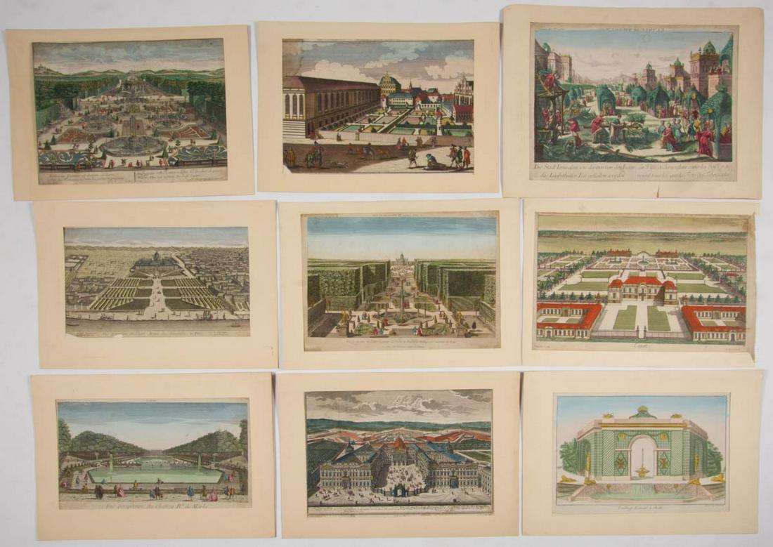 FRENCH / GERMAN SCHOOL EUROPEAN WORLD TOUR PRINTS, LOT: FRENCH / GERMAN SCHOOL EUROPEAN WORLD TOUR PRINTS, LOT OF 38, (updated 2/19/21) hand-colored engravings, scenes including Paris, Rome, Venice, St. Cloux, Constantinople, Copenhagen, Madrid, Vienna, Ny