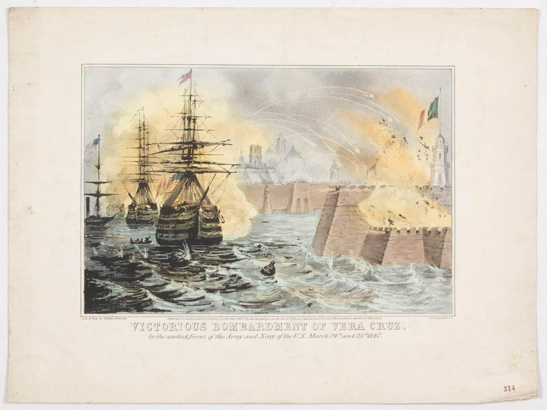 RARE MEXICAN WAR HISTORICAL PRINT: RARE MEXICAN WAR HISTORICAL PRINT, hand-colored lithograph, titled 'VICTORIOUS BOMBARDMENT OF VERA CRUZ, / by the united forces of the Army and Navy of the U. S. March 24th and 25th, 1847.", lithograp