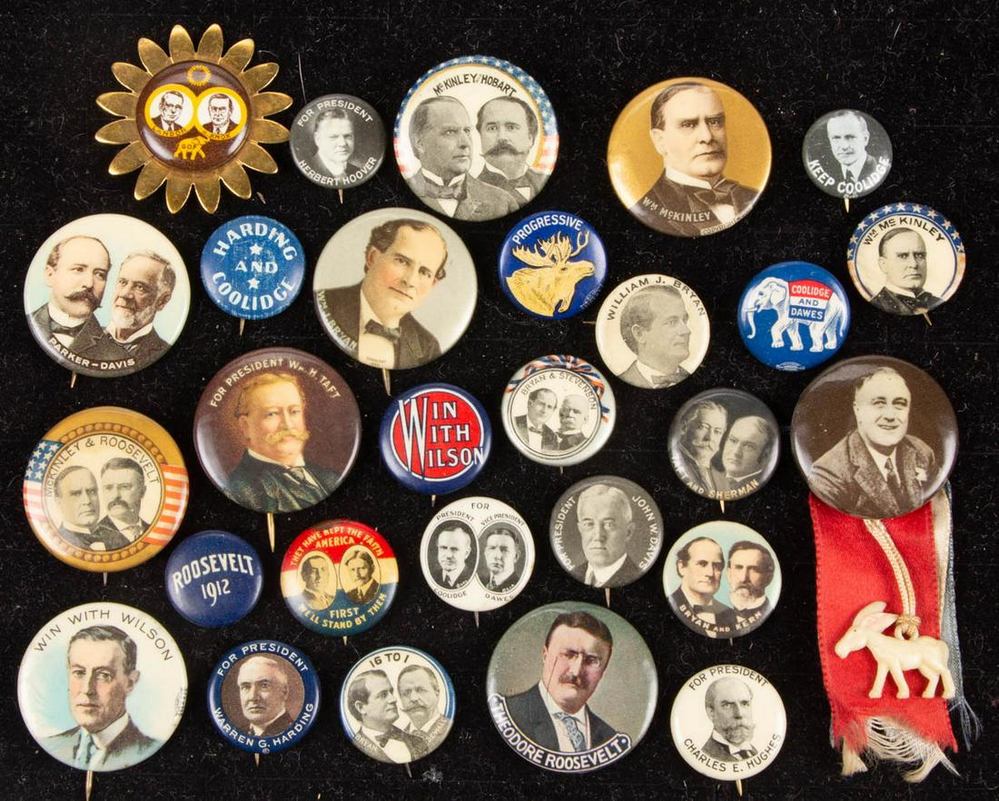 ASSORTED AMERICAN POLITICAL PINBACK BUTTONS, LOT OF 28: ASSORTED AMERICAN POLITICAL PINBACK BUTTONS, LOT OF 28, including William McKinley, Theodore Roosevelt, Woodrow Wilson, and Herbert Hoover. Late 19th/first half 20th century. Progressive 3/4" D. Very 