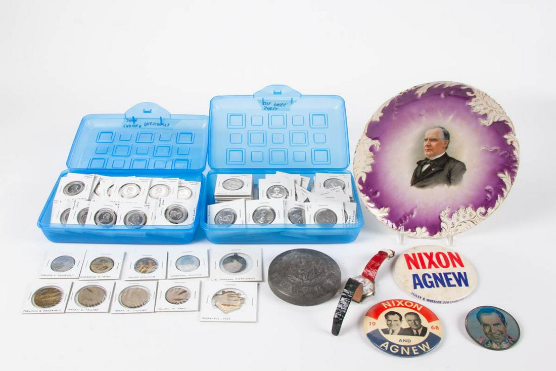 AMERICAN POLITICAL AND OTHER ARTICLES, UNCOUNTED LOT: AMERICAN POLITICAL AND OTHER ARTICLES, UNCOUNTED LOT, approximately 60 Shell Oil 1968 Mr. President Shell Game tokens; approximately 48 Cracker Jack Mystery Club tokens; ten token coins of presidents;