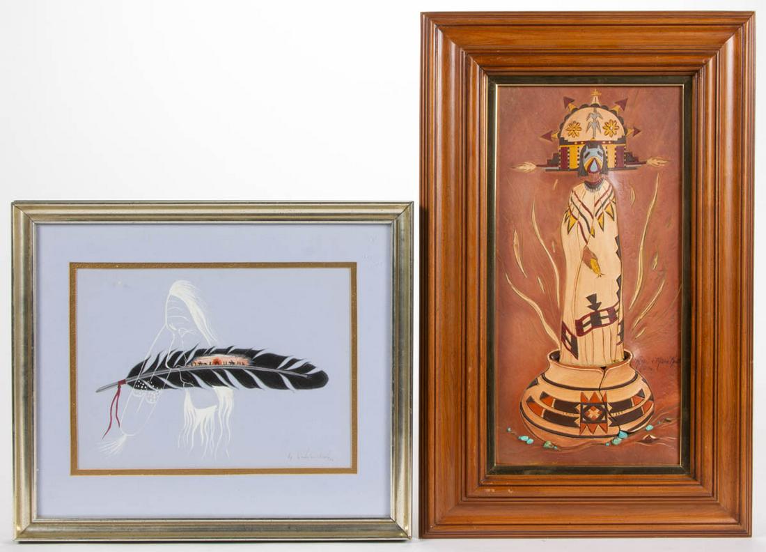 NATIVE AMERICAN FRAMED ARTWORK, LOT OF TWO: NATIVE AMERICAN FRAMED ARTWORK, LOT OF TWO, comprising a tooled leather and turquoise three-dimensional picture of a kachina, signed "Roger & Marie Kull '96"; and a watercolor drawing of a march withi