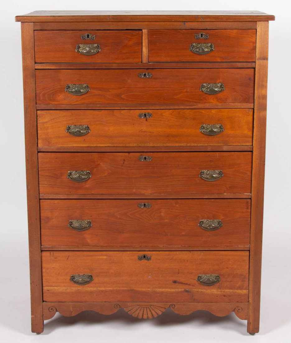 SHENANDOAH VALLEY OF VIRGINIA VERNACULAR WALNUT HIGH: SHENANDOAH VALLEY OF VIRGINIA VERNACULAR WALNUT HIGH CHEST OF DRAWERS, rectangular two-board top above two short drawers over five dovetailed graduated drawers with original brasses and escutcheons, p