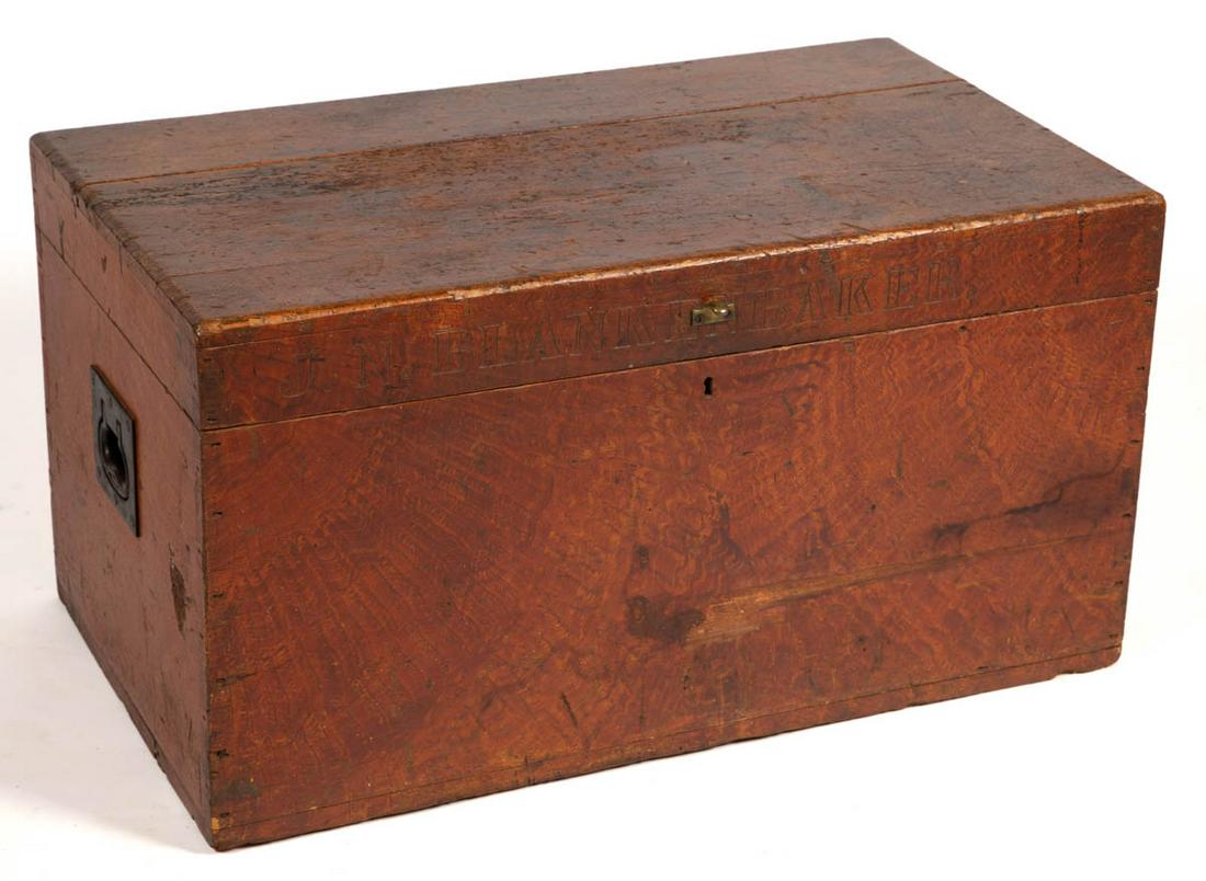 VIRGINIA PAINT-DECORATED YELLOW PINE TOOL CHEST: VIRGINIA PAINT-DECORATED YELLOW PINE TOOL CHEST, dovetailed case and hinged with marked name "J.N. BLANKENBAKER", iron bail handles on ends, interior fitted with removable tray, and tote. Retains like