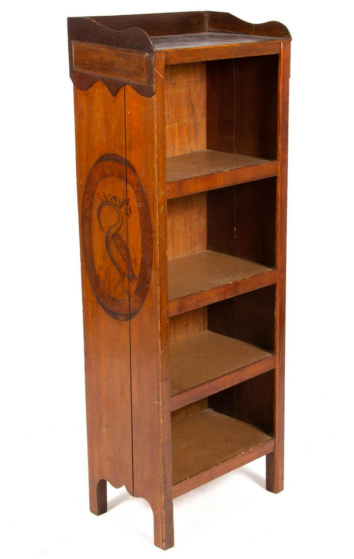 AMERICAN ARTS & CRAFTS MAPLE BOOKSHELF: AMERICAN ARTS & CRAFTS MAPLE BOOKSHELF, featuring four fixed shelves, shaped gallery, and sporting-related pyrography decoration to ends, including a stylized heron and various fishing / boating scene