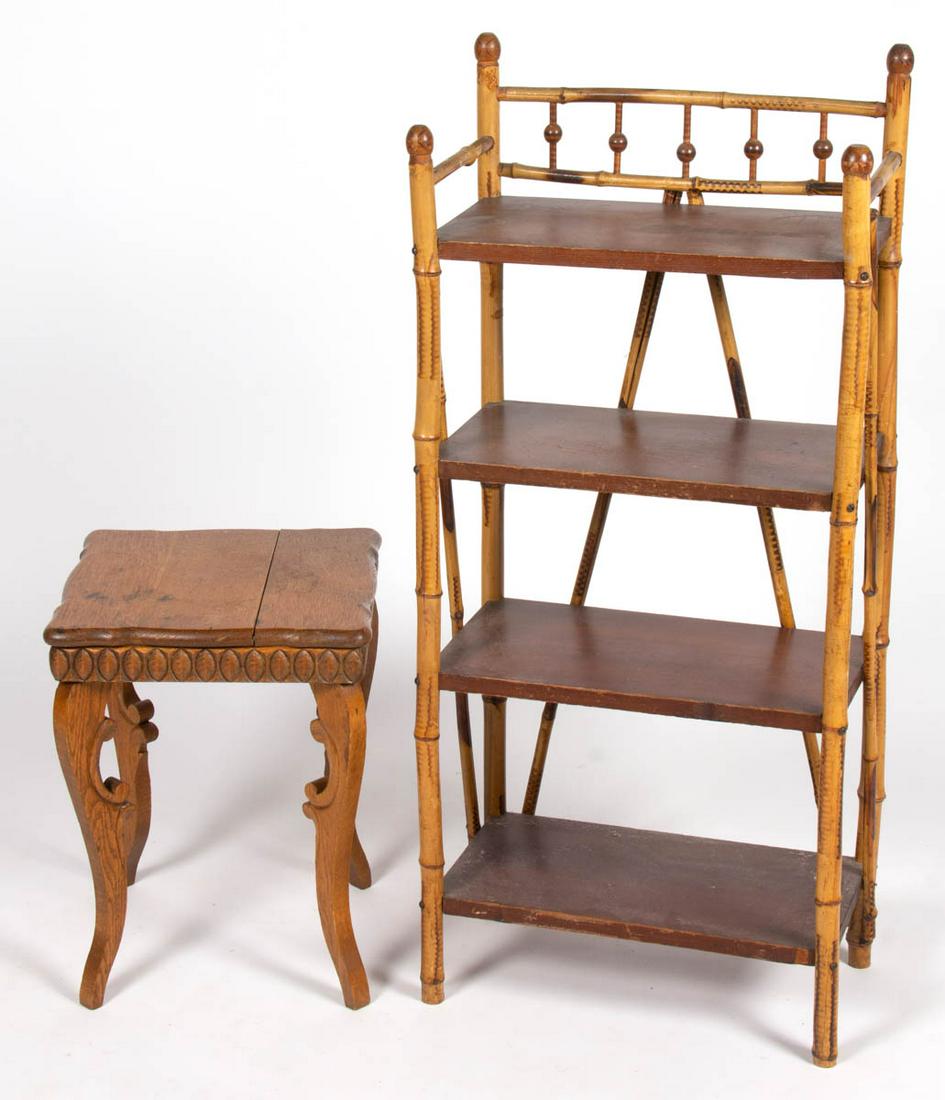 ANTIQUE VICTORIAN BAMBOO SHELF: ANTIQUE VICTORIAN BAMBOO SHELF, with four shelves. Old surface with warm color. Together with an oak stand. Two pieces total. Fourth quarter 19th/early 20th century. 42" HOA, 18 3/4" W, 10" D. Very go