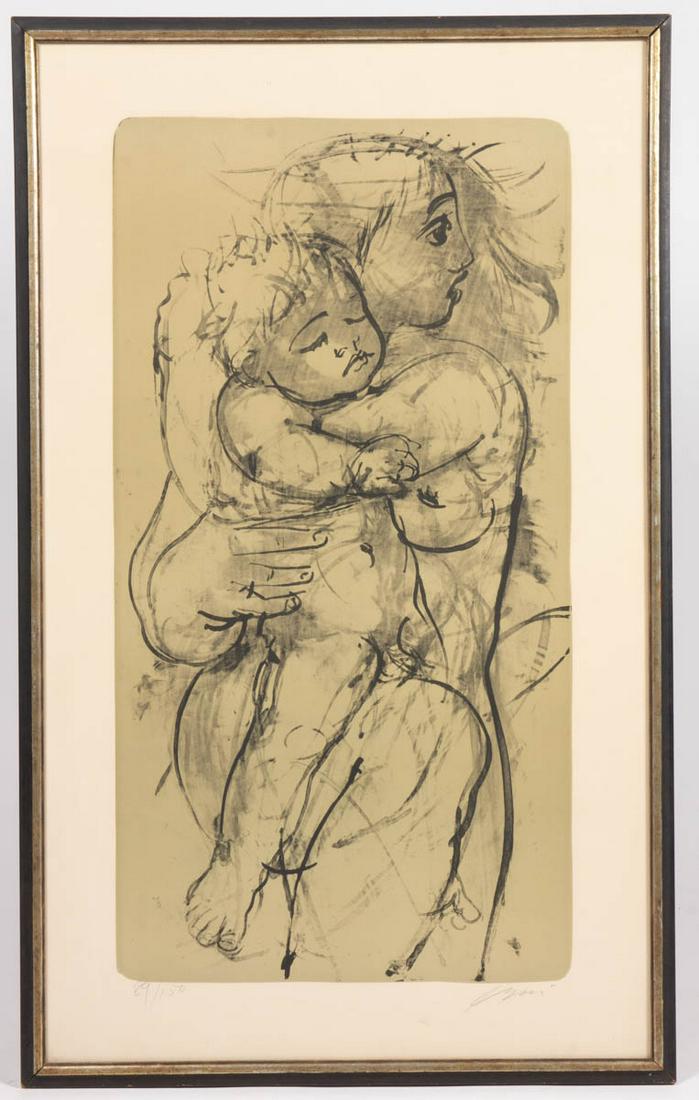 HANS ERNI (SWISS, 1909-2015) ABSTRACT NUMBERED PRINT: HANS ERNI (SWISS, 1909-2015) ABSTRACT NUMBERED PRINT, lithograph on paper, depicting a nude mother and child, numbered in the lower left corner "89/150" and signed in the lower right corner. Housed in