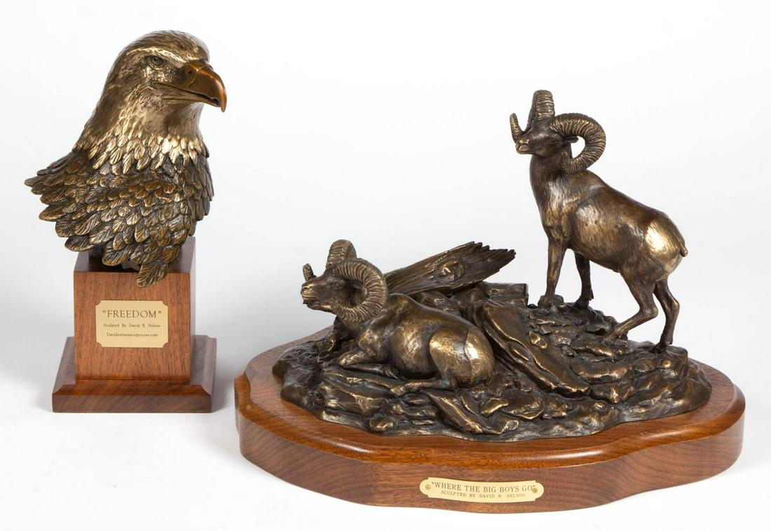 DAVID R. NELSON (COLORADO) FIGURAL BRONZE SCULPTURES,: DAVID R. NELSON (COLORADO) FIGURAL BRONZE SCULPTURES, LOT OF TWO, comprising one depicting a Bald Eagle, titled "FREEDOM", signed "D.R. Nelson 45/250", and one titled "WHERE THE BIG BOYS GO", signed "