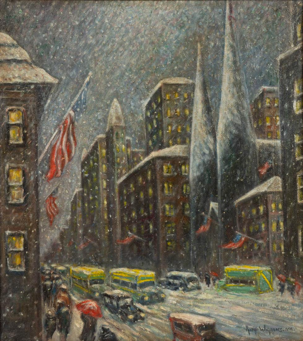 AMERICAN SCHOOL (20TH CENTURY) NEW YORK CITY WINTER: AMERICAN SCHOOL (20TH CENTURY) NEW YORK CITY WINTER STREET SCENE, oil on canvas, after Guy Carleton Wiggins (1883-1962), bearing spurious signature lower right and inscription verso giving title as "W