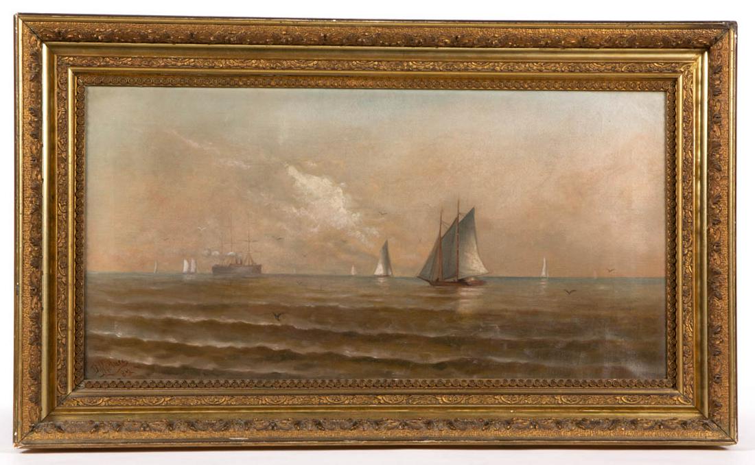 AMERICAN SCHOOL (LATE 19TH CENTURY) NAUTICAL PAINTING: AMERICAN SCHOOL (LATE 19TH CENTURY) NAUTICAL PAINTING, oil on canvas, depicting sail boats, with a large steam ship in the background, signed and dated in the lower left corner "D Maclure / 89". House