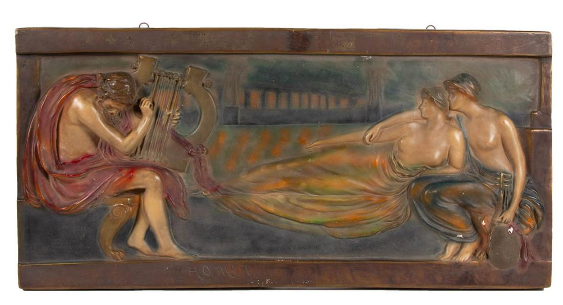 ART NOUVEAU PAINTED PLASTER WALL PLAQUE: ART NOUVEAU PAINTED PLASTER WALL PLAQUE, no signature located. Circa 1920. 17 3/4" x 37 1/4". Very good overall condition, with scattered minor losses. Provenance: From the estate collection of Mary P