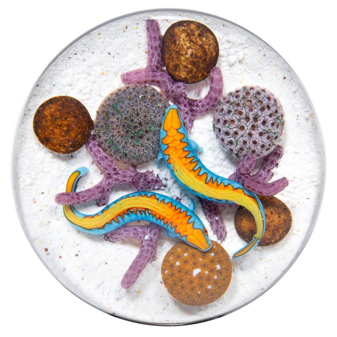 GORDON SMITH (AMERICAN, B. 1959) TROPICAL FISH SEASCAPE: GORDON SMITH (AMERICAN, B. 1959) TROPICAL FISH SEASCAPE LAMPWORK STUDIO ART GLASS PAPERWEIGHT, two blue and orange tropical fish with yellow fins to the back, swimming through a mixture of coral inclu