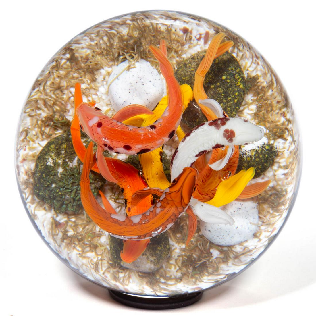 GORDON SMITH (AMERICAN, B. 1959) KOI FISH LAMPWORK: GORDON SMITH (AMERICAN, B. 1959) KOI FISH LAMPWORK STUDIO ART GLASS PAPERWEIGHT, compound example, two clusters of three koi fish with one group swimming above the other, fish being orange, white, and