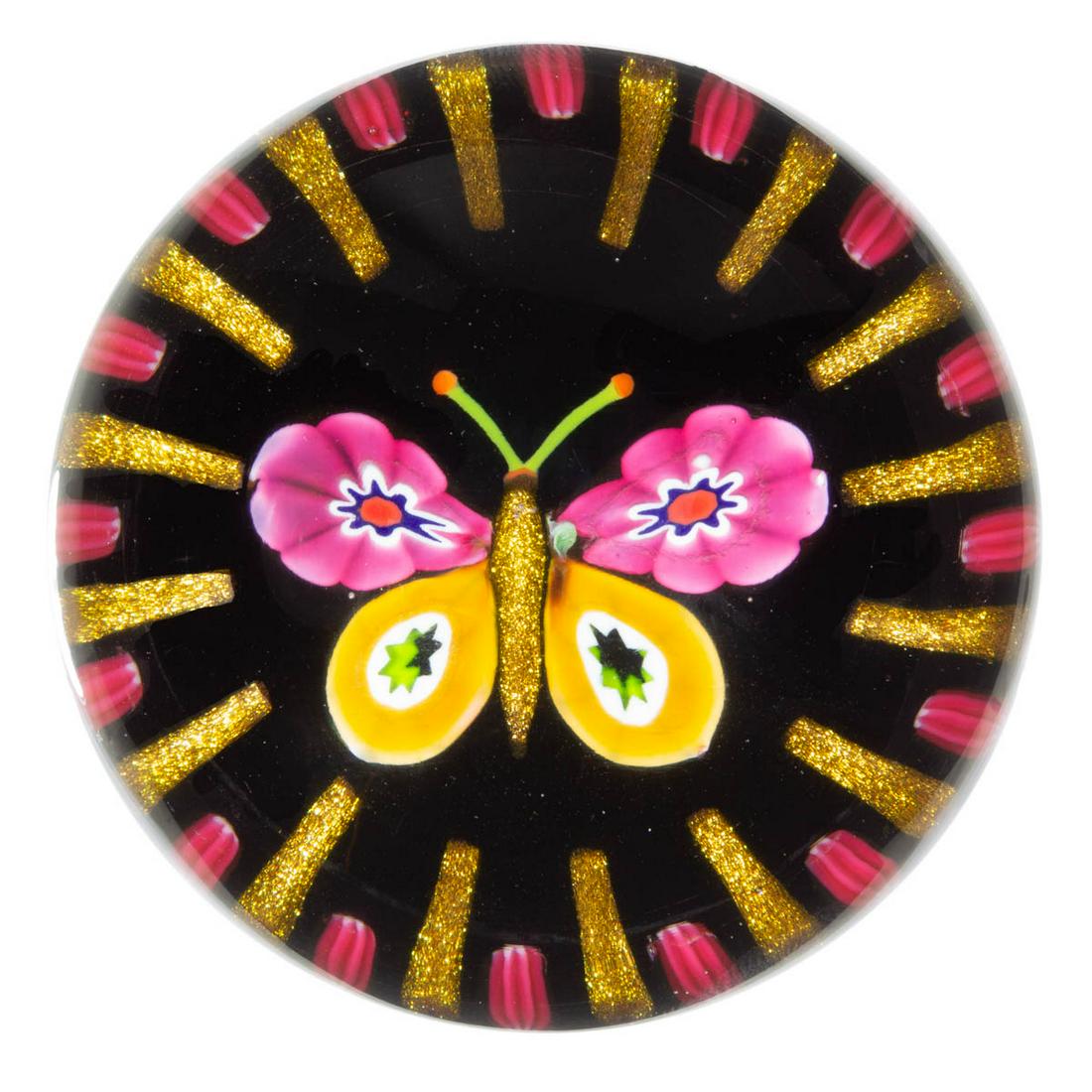 EARLY PAUL YSART (SCOTTISH, 1904-1979) ATTRIBUTED: EARLY PAUL YSART (SCOTTISH, 1904-1979) ATTRIBUTED MILLEFIORI BUTTERFLY ART GLASS PAPERWEIGHT, encasement having a grey tint, central butterfly having an aventurine body supporting fuchsia and buttersc