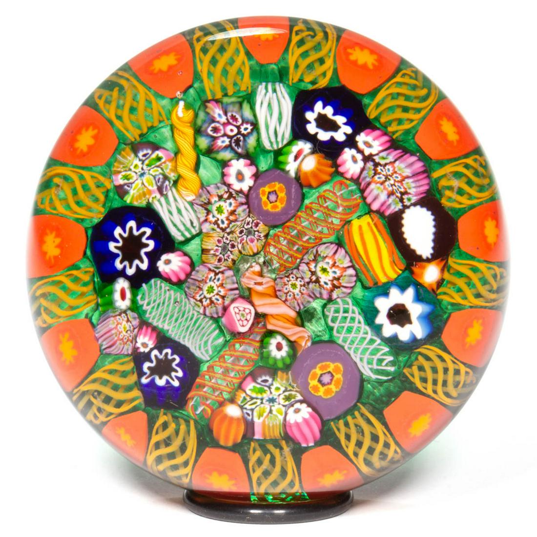 EARLY PAUL YSART (SCOTTISH, 1904-1979) ATTRIBUTED: EARLY PAUL YSART (SCOTTISH, 1904-1979) ATTRIBUTED SCRAMBLED MILLEFIORI ART GLASS PAPERWEIGHT, encasement having a grey tint, scrambled interior including many colored filigree twists and a wide variet