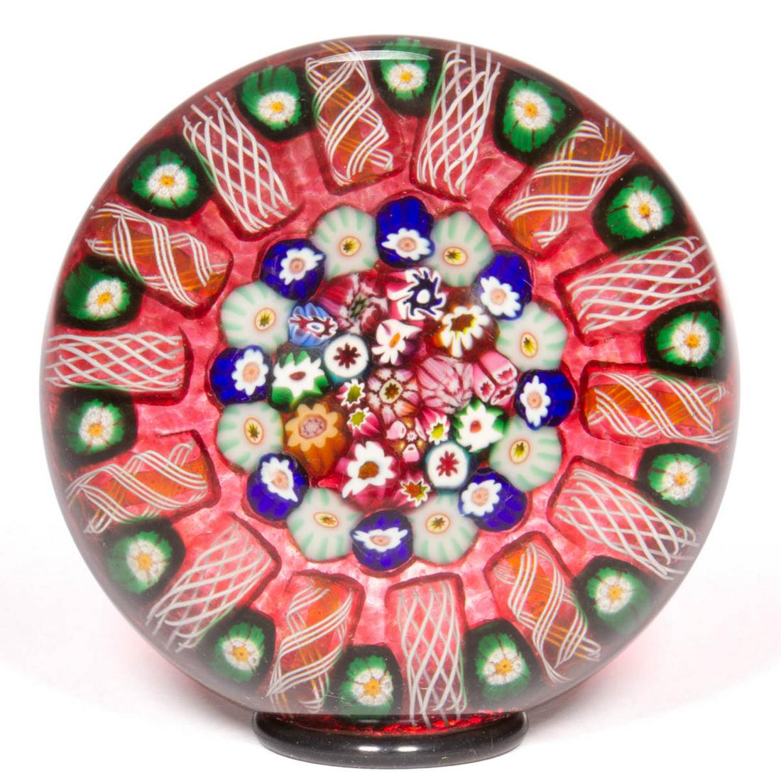 EARLY PAUL YSART (SCOTTISH, 1904-1979) ATTRIBUTED: EARLY PAUL YSART (SCOTTISH, 1904-1979) ATTRIBUTED CENTRAL-PACKED MILLEFIORI ART GLASS PAPERWEIGHT, large close-pack central medallion consisting of various millefiori canes in a variety of colors incl
