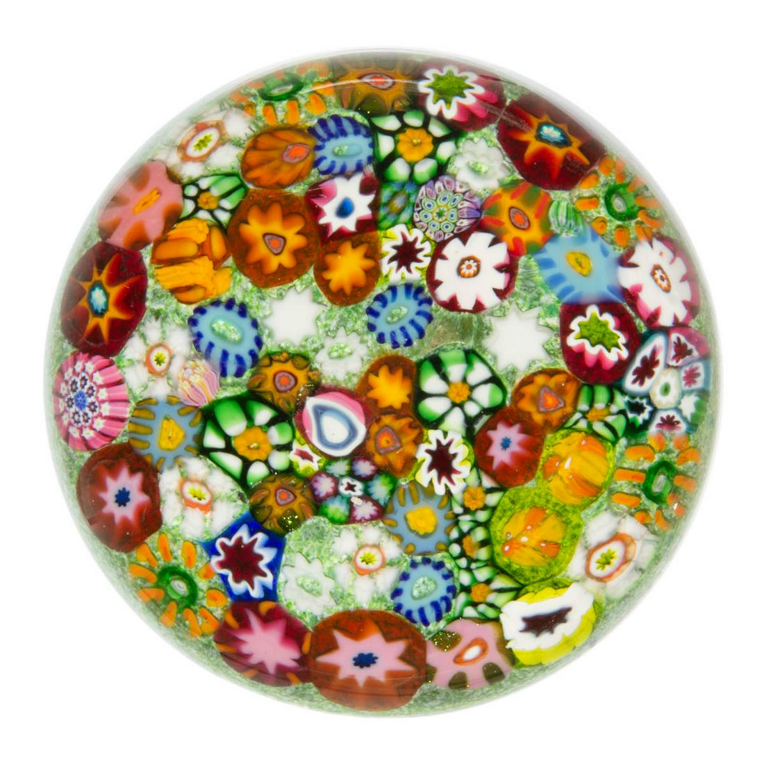 EARLY PAUL YSART (SCOTTISH, 1904-1979) ATTRIBUTED: EARLY PAUL YSART (SCOTTISH, 1904-1979) ATTRIBUTED CLOSE-PACK MILLEFIORI ART GLASS PAPERWEIGHT, close-pack configuration consisting of a variety of millefiori canes including cogs, tubes, and complex e