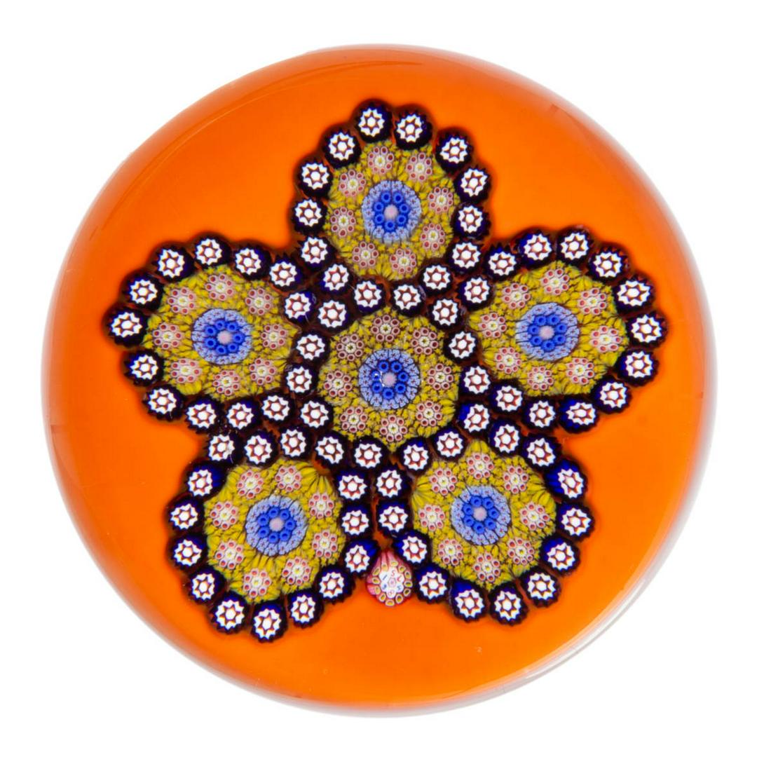 VINTAGE SAINT-LOUIS DOILY MILLEFIORI ART GLASS: VINTAGE SAINT-LOUIS DOILY MILLEFIORI ART GLASS PAPERWEIGHT, six matching concentric close-packed millefiori medallions, each medallion comprising a central blue complex cane, interior ring of yellow s