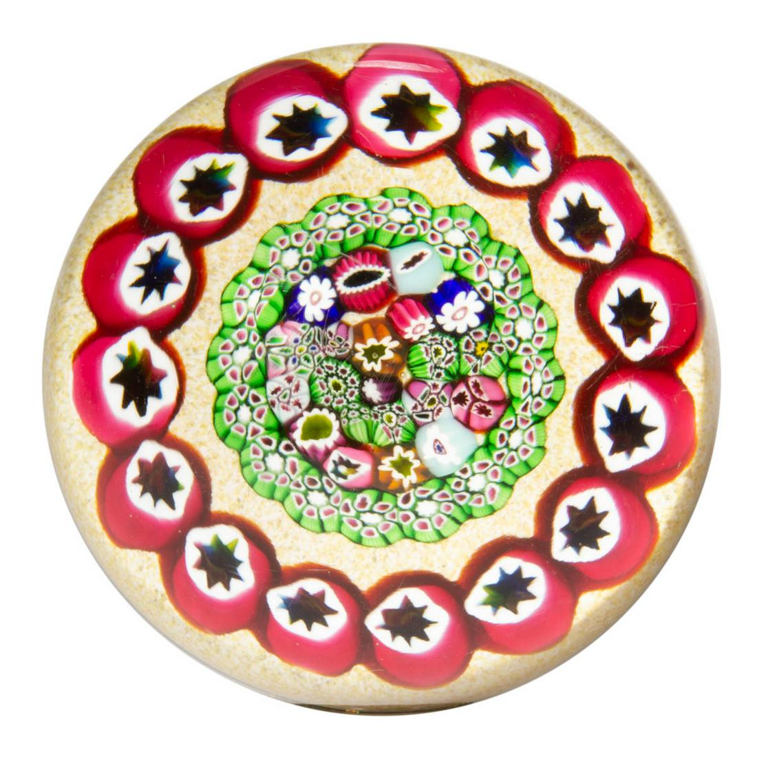 PAUL YSART (SCOTTISH, 1904-1979) ATTRIBUTED MILLEFIORI: PAUL YSART (SCOTTISH, 1904-1979) ATTRIBUTED MILLEFIORI MEDALLION STUDIO ART GLASS PAPERWEIGHT, central large medallion comprised of a variety of millefiori canes in many colors, encircled by an exteri