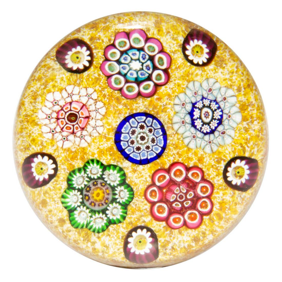 PAUL YSART (SCOTTISH, 1904-1979) SPACED MILLEFIORI: PAUL YSART (SCOTTISH, 1904-1979) SPACED MILLEFIORI RONDELS ART GLASS PAPERWEIGHT, central blue, white, and red millefiori medallion encircled by five varying rondels comprising different millefiori ca