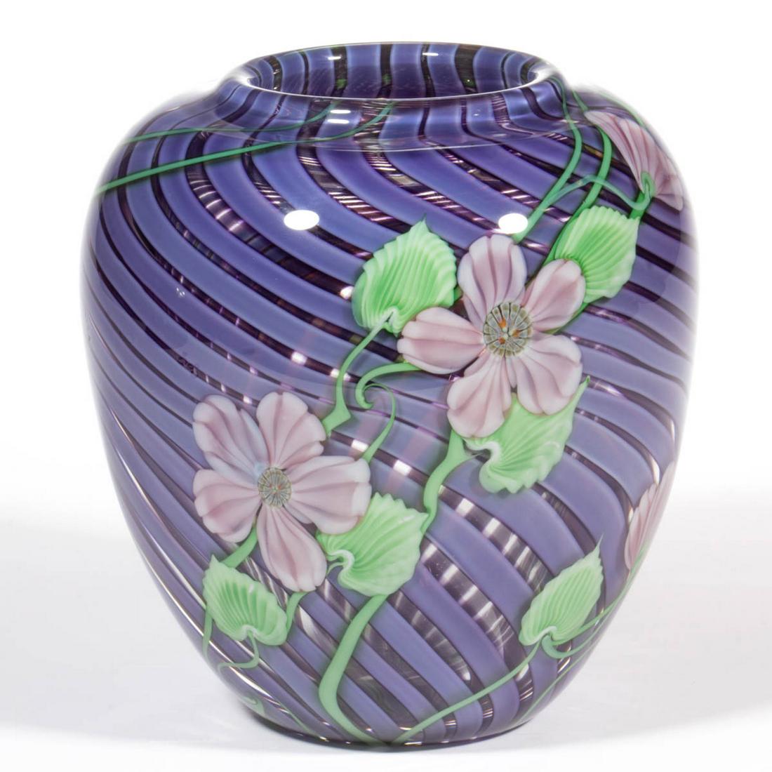 ORIENT & FLUME BLOSSOMS AND SWIRLED GROUND TORCHWORK: ORIENT & FLUME BLOSSOMS AND SWIRLED GROUND TORCHWORK STUDIO ART GLASS PAPERWEIGHT VASE, ovoid form with lavender swirls, featuring pale purple blooms and buds growing from green vines which support gr