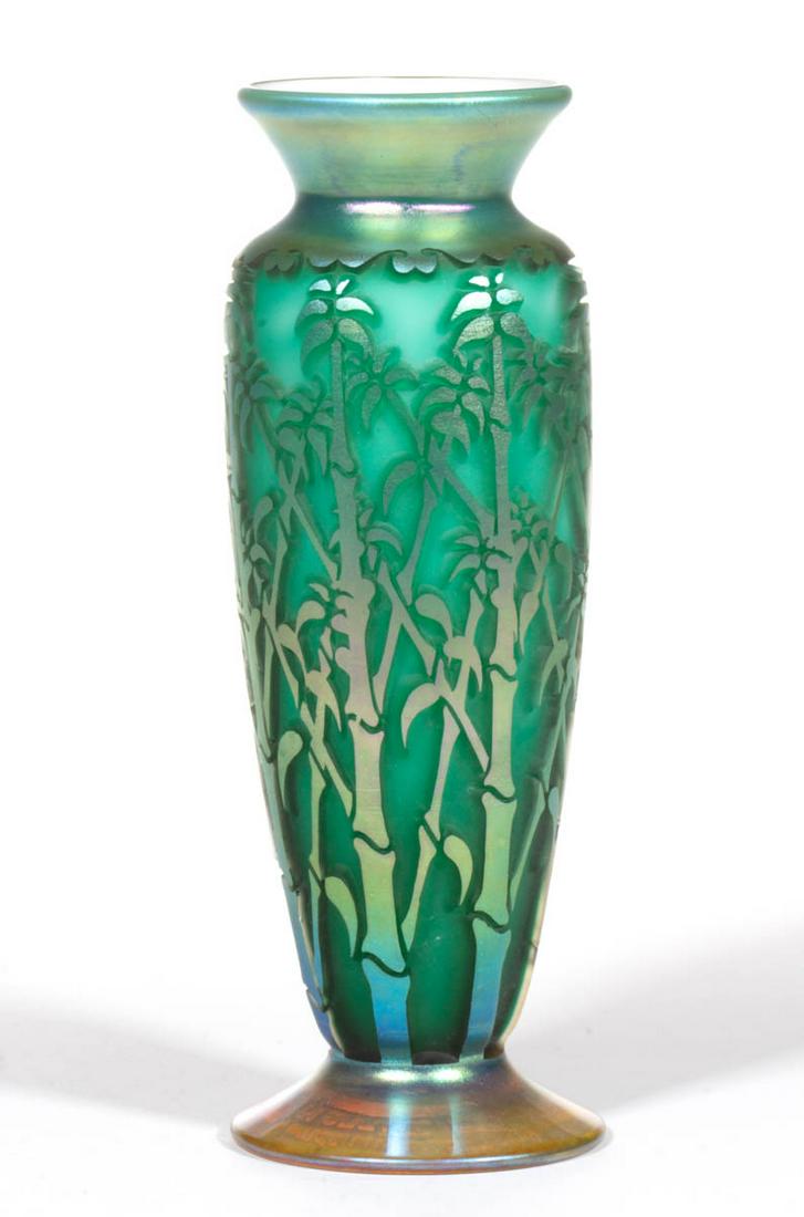 BARRY SAUTNER (AMERICAN, 1952-2009) IRIDESCENT CAMEO: BARRY SAUTNER (AMERICAN, 1952-2009) IRIDESCENT CAMEO STUDIO ART GLASS VASE, green iridescent, tall urn form with a sand-blasted bamboo pattern, applied golden iridescent foot, signed to the underside